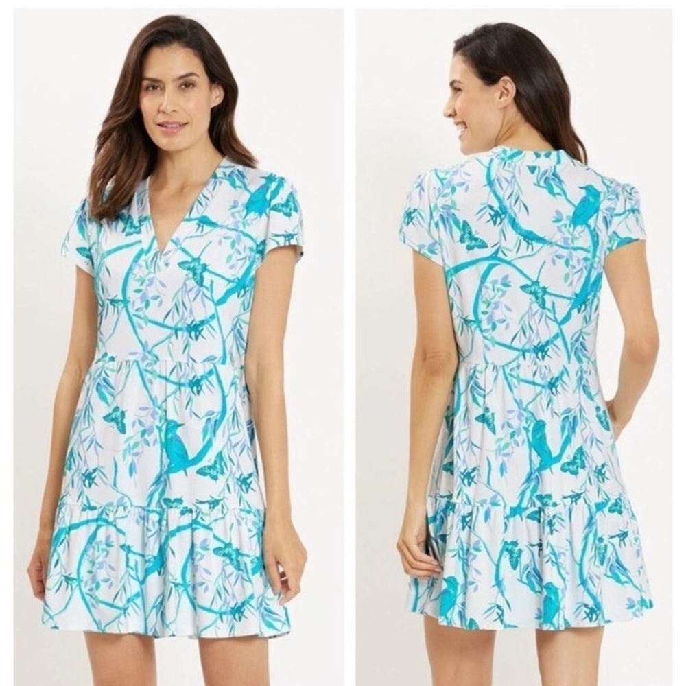 Jude Connally Ginger Dress Birds And Butterflies‎ Blue White Print XL NWT $208